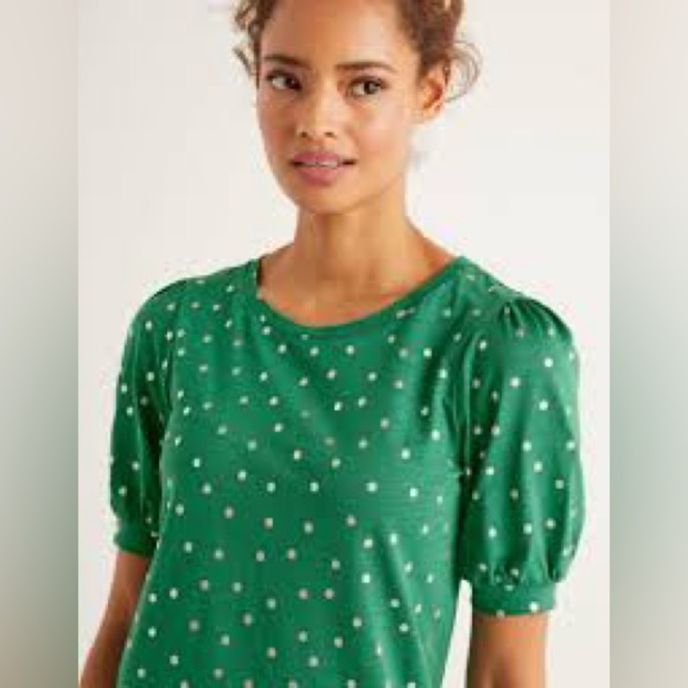 Boden NWOT Zoe Jersey Puff sleeve Tee Dress 16/18R in Emerald Green Polka Dot - Picture 2 of 11